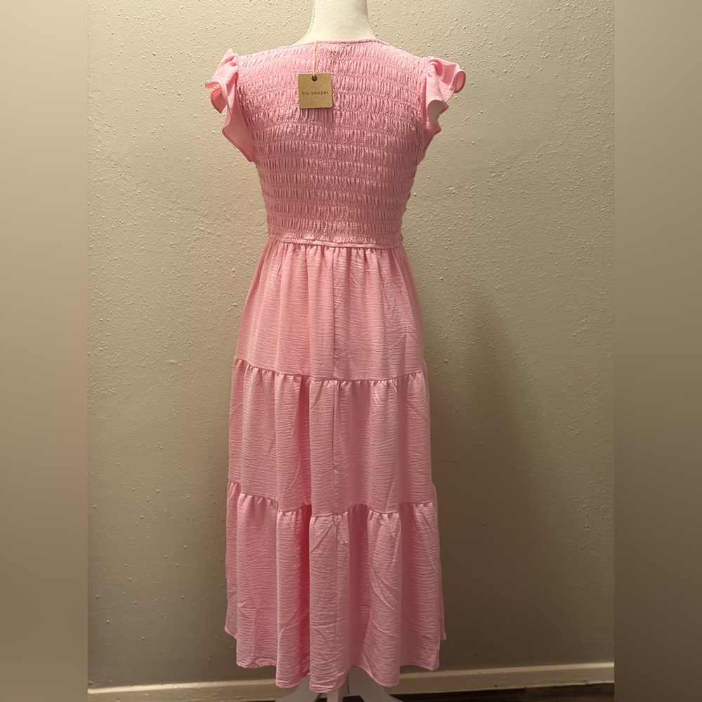 Blu Pepper Smocked V-Neck Flutter Tiered Midi Dress - Picture 2 of 6